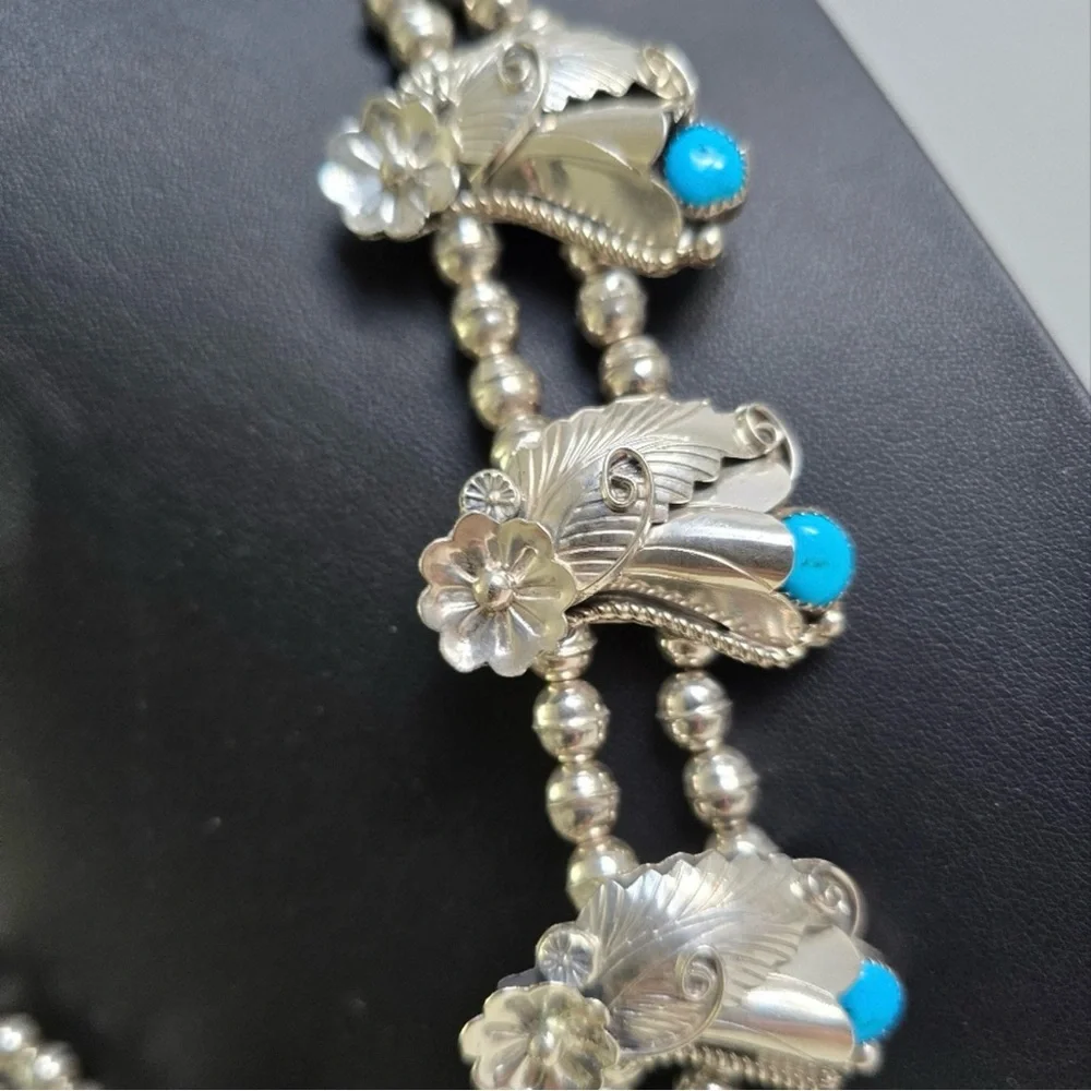 Sterling Silver 925 and Turquoise Floral Squash Blossom Necklace - Picture 5 of 16